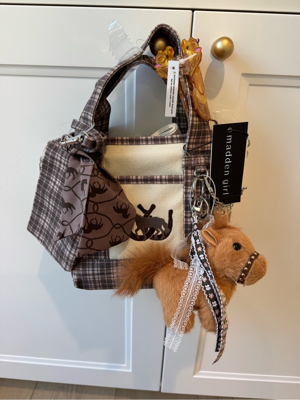 Madden Girl Western Plaid Mini Canvas Tote Crossbody Purse with horse charm